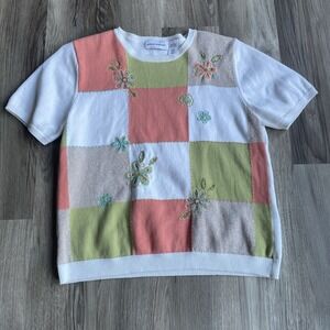 Vintage Alfred Dunner Womens M Colorblock Patchwork Floral Embroidered Sweater